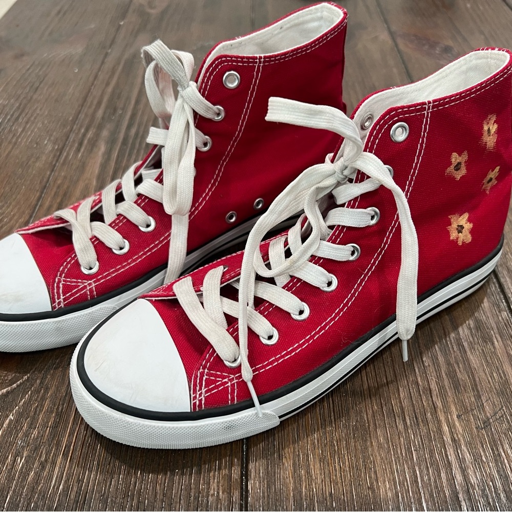 Red High-Top Canvas Sneakers with White Laces